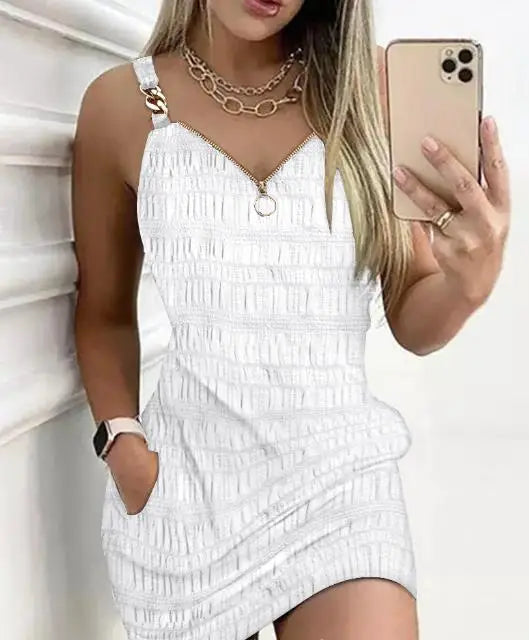 Elegant Dresses for Women Sexy V-Neck Zipper Design Textured Suspender Mini Dress New Fashion 2023 Summer Casual Female Clothing