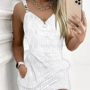 Elegant Dresses for Women Sexy V-Neck Zipper Design Textured Suspender Mini Dress New Fashion 2023 Summer Casual Female Clothing