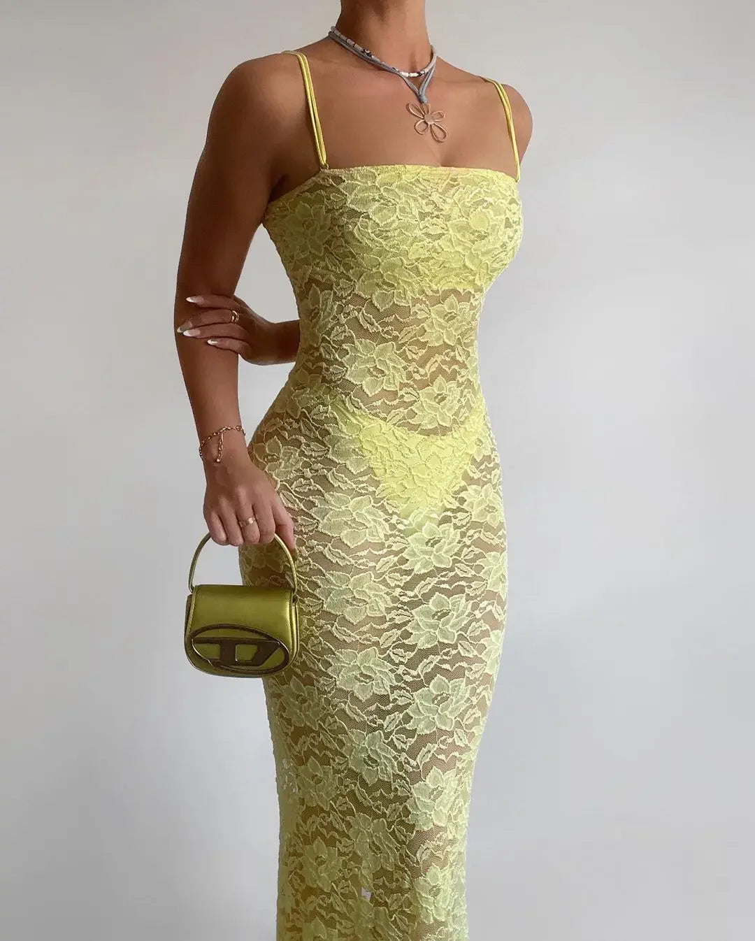 Yellow Lace Maxi Dress Women Fashion Spaghetti Strap Long Evening Party Dresses Sexy See Through Club Night Summer Dress 2024