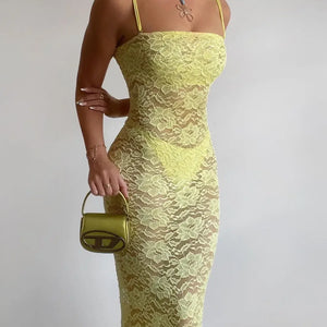 Yellow Lace Maxi Dress Women Fashion Spaghetti Strap Long Evening Party Dresses Sexy See Through Club Night Summer Dress 2024