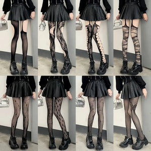 Gothic Fishnet Stockings Lolita Mesh Tights for Women JK Y2k Netting Hollow Out Pantyhose with Pattern Leggings Sexy Lingerie