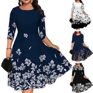 Women Dress Summer O-neck 3/4 Sleeve Midi Dress Plus Size Butterflies Printing Waist Tight Loose Hem Casual Dress Streetwear