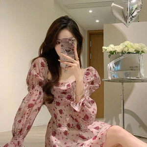 Dress Women Aesthetic Slim Floral A-line Spring Sweet Designed Vintage French Style Fashionable Gentle OL Leisure Holiday Temper