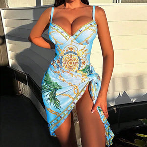 2023 New 2PC Push Up Women Bikini Set Skirt Floral Printed Bikinis Strappy Bandage Swimwear Brazilian Biquini Bathing Suit