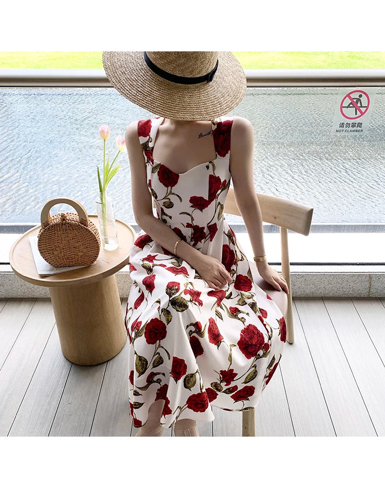 Women's Summer Elegant Floral Print Rose Strap Midi Dress Sleeveless Casual Beach Party Sundress Female Fashion A-Line Vestidos