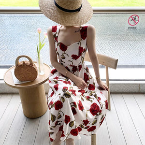 Women's Summer Elegant Floral Print Rose Strap Midi Dress Sleeveless Casual Beach Party Sundress Female Fashion A-Line Vestidos