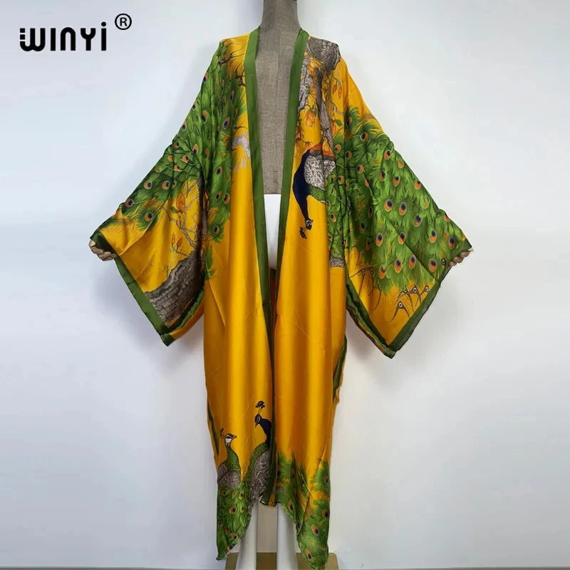 WINYI 2022 Summer Women Cardigan stitch Cocktail sexy Boho Maxi African Holiday Batwing Sleeve Silk feeling Robe kimono kaftan