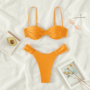 Women Sexy High Cut Bikini Sets Push-up Pleated Bra+Low Waist Briefs Two-Piece Swimsuits Solid Color Swimwear Beachwear Biquinis