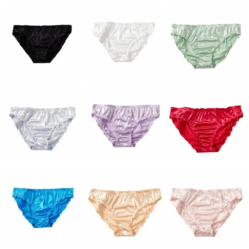 Fashion Low Waist Satin Silk Panties Solid Color Underpants Ruffles Briefs Underwear Women Lingeries Women's Panties Girl