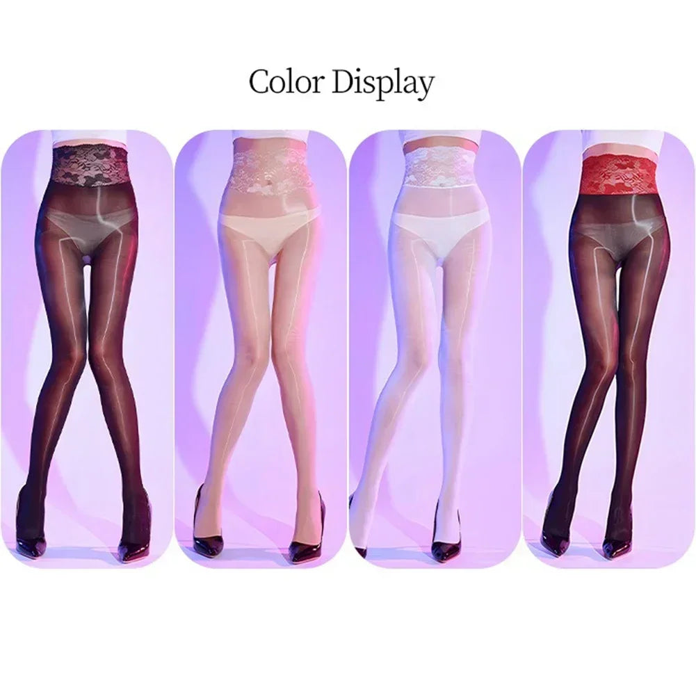 Sexy Lingerie Women Pantyhose Lace Highwaist Stocking Oil Shiny Ultra-Thin Sheer