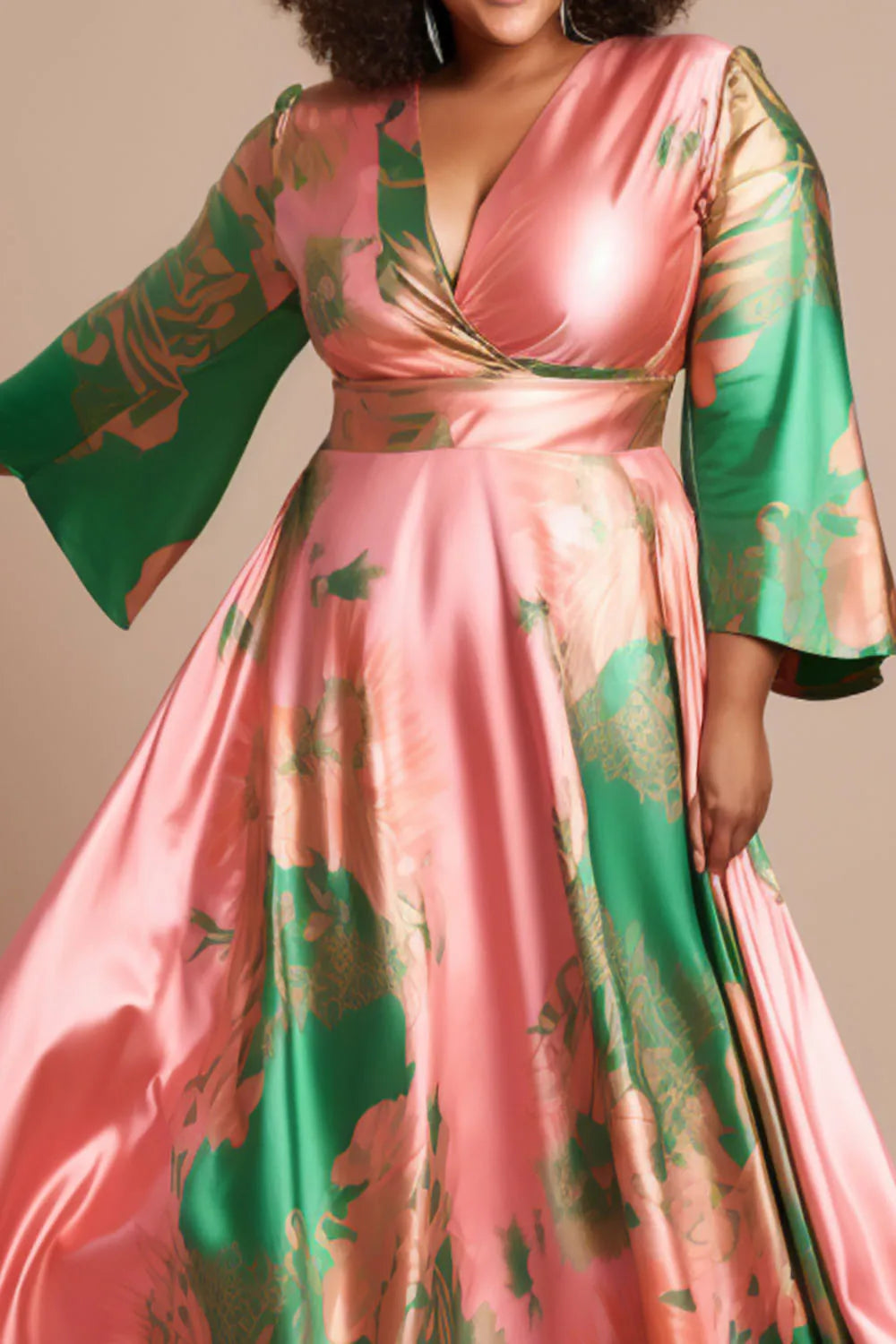 Women‘s Plus Size Satin Dress Vacation Elegant Pink Colorblock Flare Long Sleeve Wedding Guest V-Neck Maxi Dresses