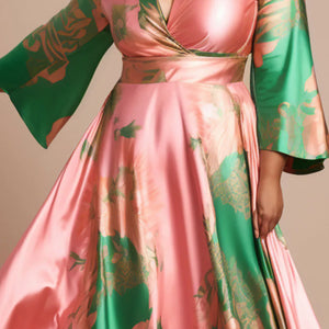 Women‘s Plus Size Satin Dress Vacation Elegant Pink Colorblock Flare Long Sleeve Wedding Guest V-Neck Maxi Dresses