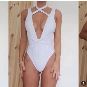 Sexy Solid One Piece Swimsuit Women Push Up Lace Up Bandage Bodysuit Brazilian Deep V Neck Backless Bathing Suit Swimwear