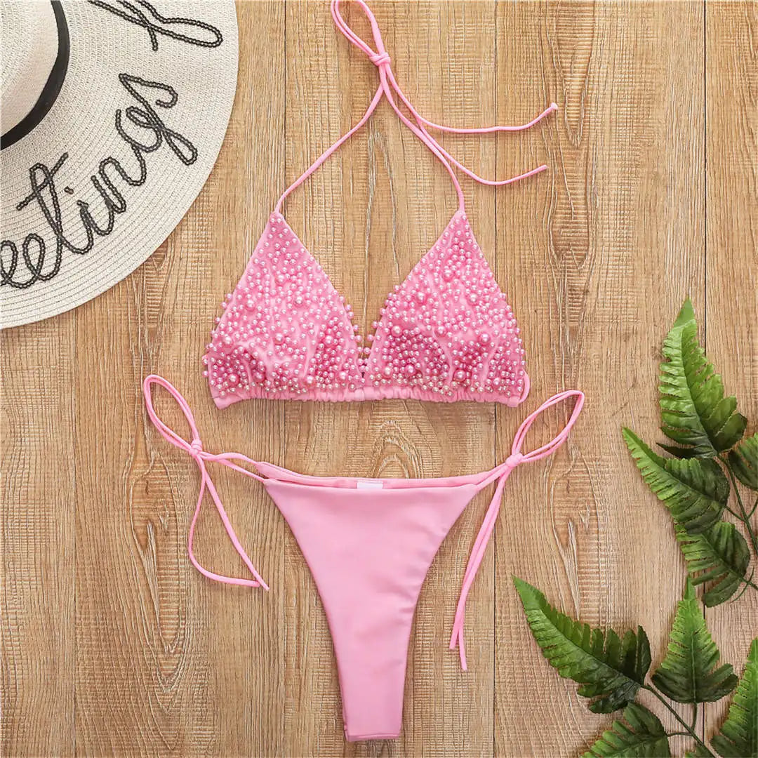 Sexy Halter Mini Bikini Female Swimsuit Women Swimwear Two-pieces Bikini set Luxury Pearl Bather Bathing Suit Swim Lady V2090