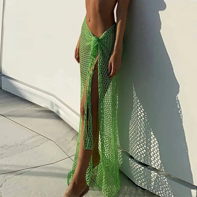 Sexy Wrap Skirt Binding Rope Beach Wear Sarong New Arrival Women Knitting Crochet Hollow Out Cover Up Solid Color Beach Dress