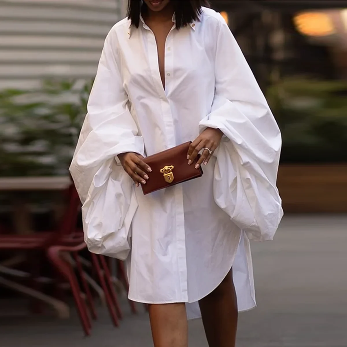 Female Fashion White Statement Puff Sleeves Loose Pleated Split-Side Solid Color Lapel Collar Midi Dresses for Women 2023