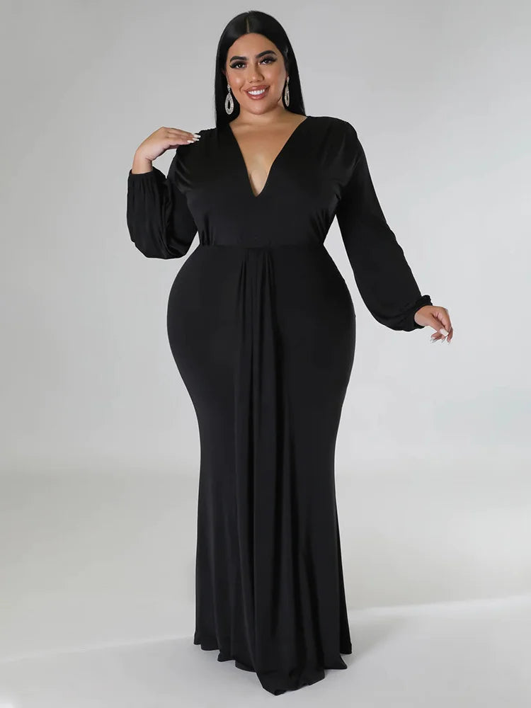 Wmstar Plus Size Party Dresses for Women Long Sleeve Stretch Sexy V Neck Elegant Maxi Dress Fall Clothes Wholesale Dropshipping