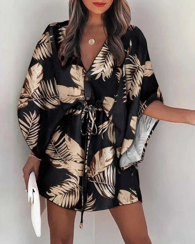 Summer Casual Dress Women Fashion Flying Sleeve V-neck Print Beach Party Dresses Elegant Lace Up Mini Dress Robe Femme 2023 New