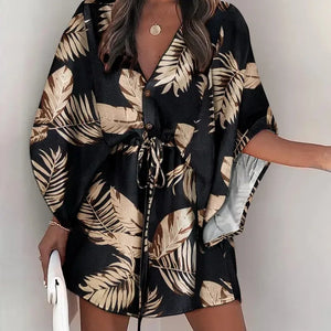 Summer Casual Dress Women Fashion Flying Sleeve V-neck Print Beach Party Dresses Elegant Lace Up Mini Dress Robe Femme 2023 New