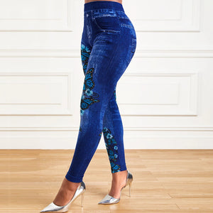 Plus Size Oversized Women High Waist Stretchy Legging Denim Look Skinny Jeggings Ladies Fashion Print Pencil Pants Clothing 2023