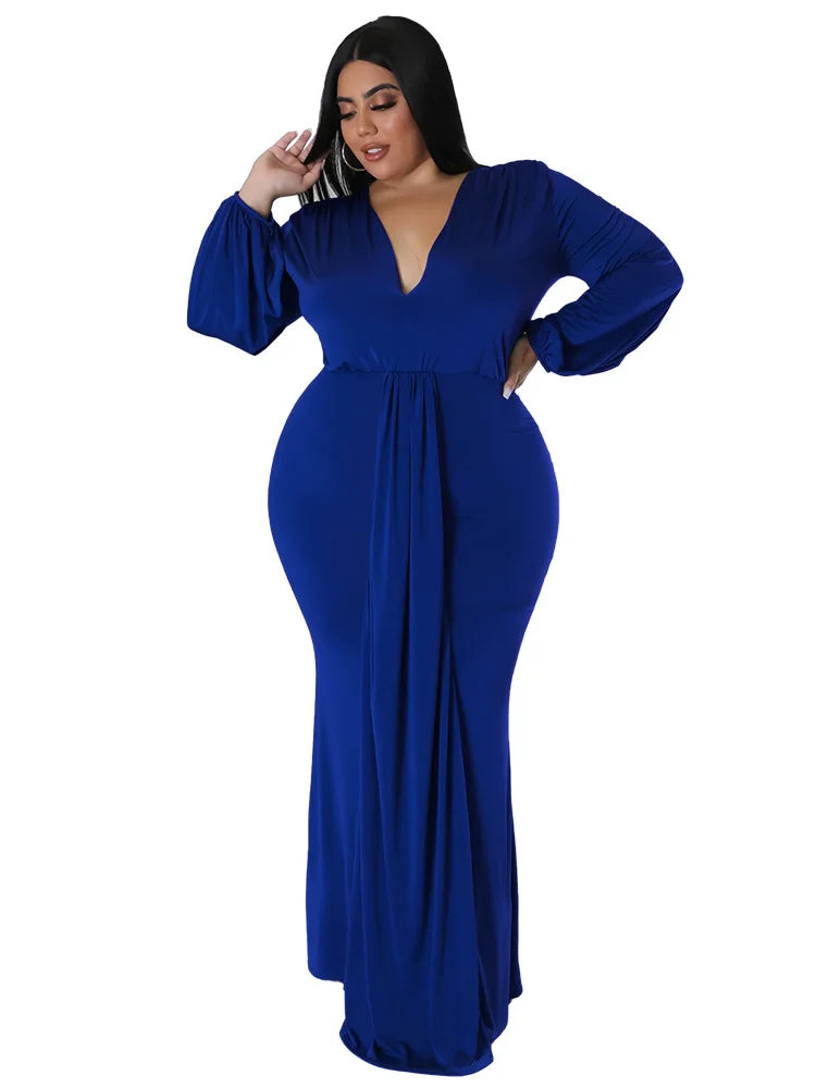 Wmstar Plus Size Party Dresses for Women Long Sleeve Stretch Sexy V Neck Elegant Maxi Dress Fall Clothes Wholesale Dropshipping