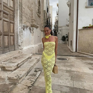 Yellow Lace Maxi Dress Women Fashion Spaghetti Strap Long Evening Party Dresses Sexy See Through Club Night Summer Dress 2024