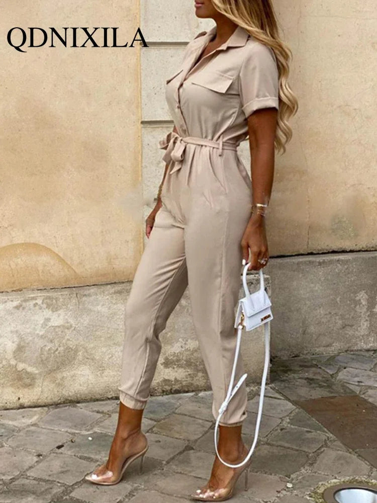 New Summer Jumpsuit Women Elegant Casual Lapel Buckle Printed Female Jumpsuit Woman Trousers Playsuit Overalls Bodysuit Romper