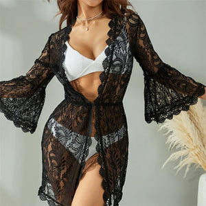 Lace Bikini Cover Up Knit Crochet Floral Sexy Bathing Swimwear See-Through V-Neck Tunic Dress Beachwear Women Robe Outfit Hot