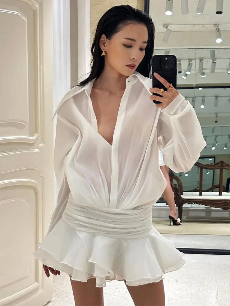 TARUXY White Chiffon Mini Dress For Women Casual Loose Oversized Pleated Mini Dress See-through Summer Beach Elegant Shirt Dress