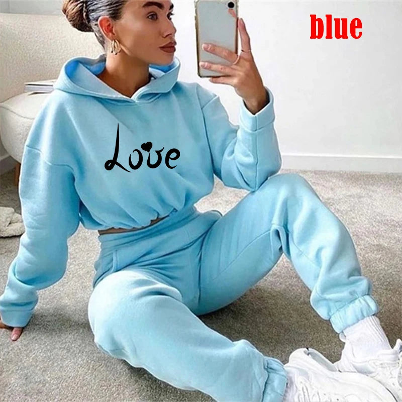 Womens Love Print Hoodie + Sweatpants 2-piece Sweat Suits Tracksuits Jogging Sports Suits Baseball Uniforms Track Suits Jogger