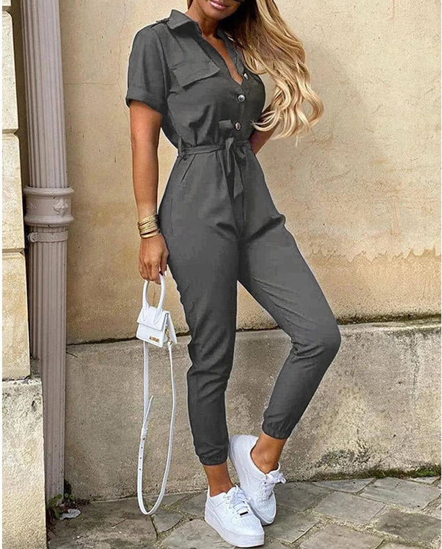 New Summer Jumpsuit Women Elegant Casual Lapel Buckle Printed Female Jumpsuit Woman Trousers Playsuit Overalls Bodysuit Romper