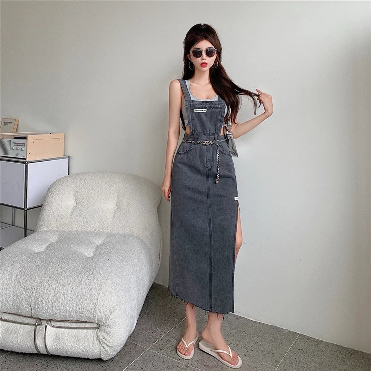 Sleeveless Women Denim Suspender Dress Spring New Midi Skirt Blue Korean Fashion Polo Collar Streetwear Female Braces Slit Dress