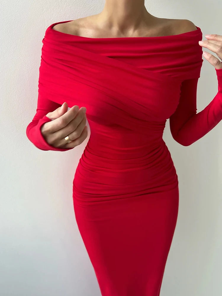 CNYISHE Red Strapless Sexy Club Women Dresses Slash Neck Long Sleeve Sheath Outfits Fashion Slim Bodycon Female Vestidos Robes