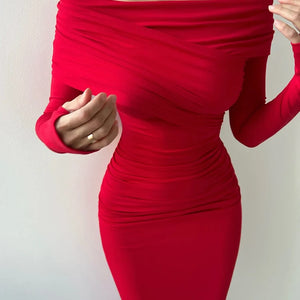 CNYISHE Red Strapless Sexy Club Women Dresses Slash Neck Long Sleeve Sheath Outfits Fashion Slim Bodycon Female Vestidos Robes