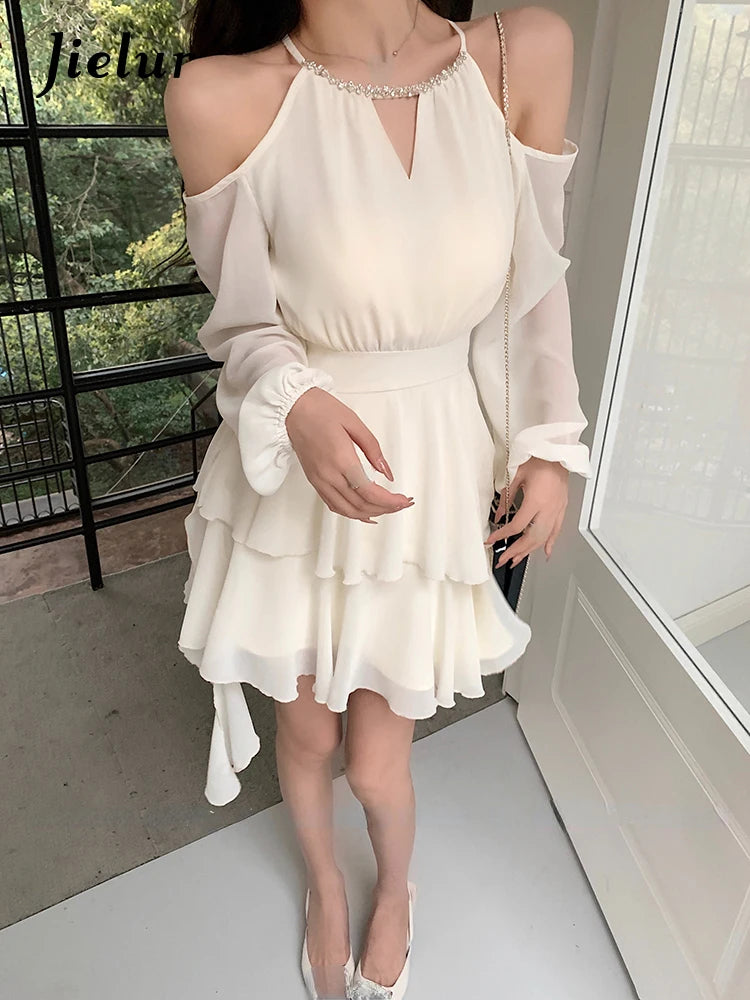 Jielur Summer Elegant Chiffon Mini Dress Women Long Sleeve Even Party Dresses Office Lady Chiffon One Piece Dress Korean Fashion