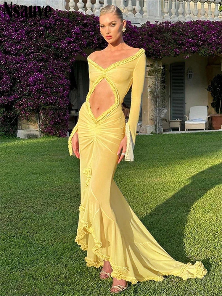 Nsauye Sexy Dress Summer Beach Women Long Sleeve Mesh Ruched Ruffles Maxi Wrap Cut Out Party Club Fashion Elegant Dress 2024