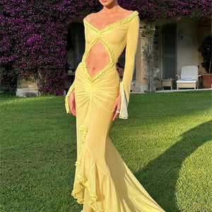 Nsauye Sexy Dress Summer Beach Women Long Sleeve Mesh Ruched Ruffles Maxi Wrap Cut Out Party Club Fashion Elegant Dress 2024