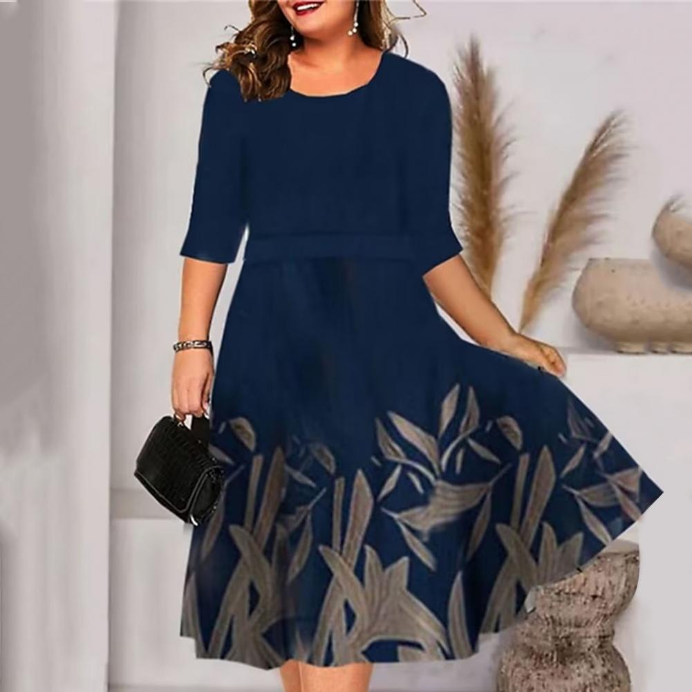 Women Dress Summer O-neck 3/4 Sleeve Midi Dress Plus Size Butterflies Printing Waist Tight Loose Hem Casual Dress Streetwear