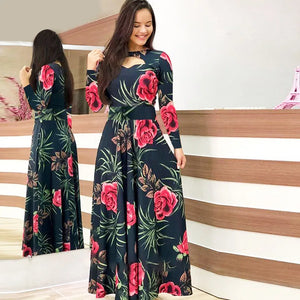 Women's Autumn Printed Long Sleeved Slim Fit Vestido 2024 Fashion Round Neck Flower Hollow Maxi Dresses Roupas Mujer 5XL