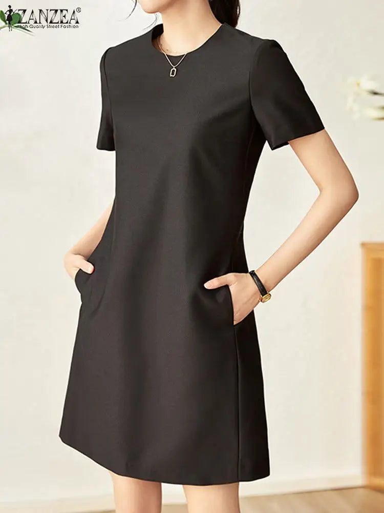 ZANZEA Summer Fashion OL Work Dress Woman Short Sleeve O-Neck Dresses Elegant Solid Knee Length Robe Casual Street Sundress 2023