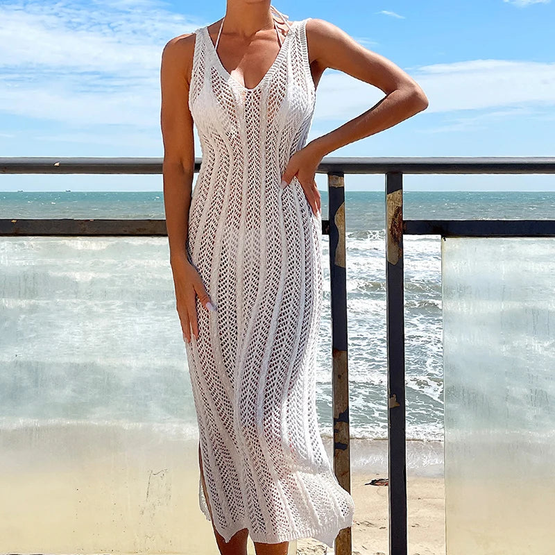 Summer Knitted Beach Dress Women Elegant Fashion Long Dresses Summer Slim Bohemian Holiday Outfits 2024 Beachwear Cover Ups