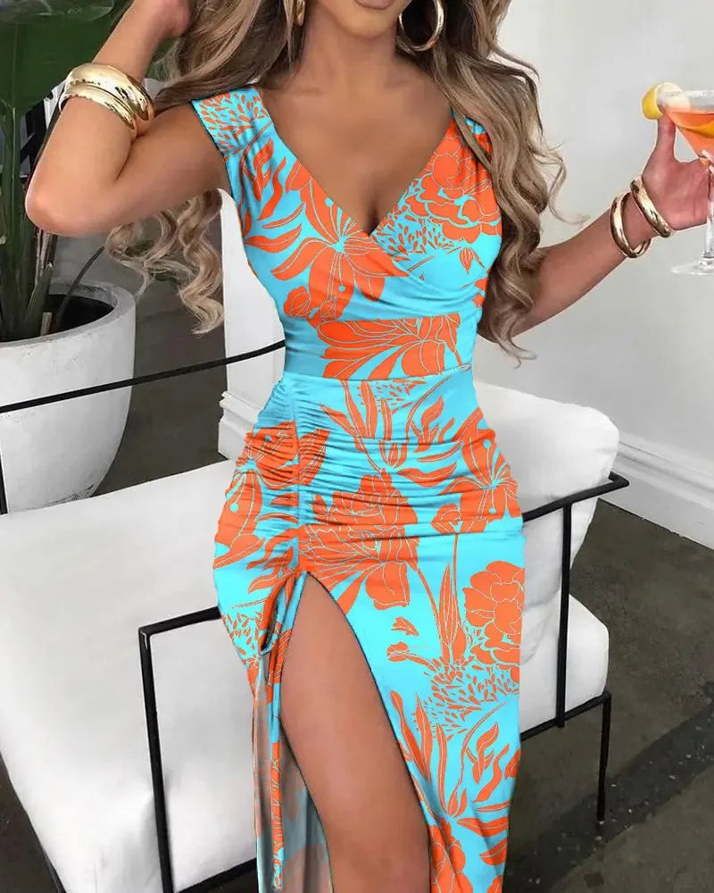 Summer Women Print Dress Fashion Casual Elegant V-neck Sleeveless Bodycon Beach Party Dresses Robe Femme 2024 New Vestidos