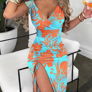 Summer Women Print Dress Fashion Casual Elegant V-neck Sleeveless Bodycon Beach Party Dresses Robe Femme 2024 New Vestidos