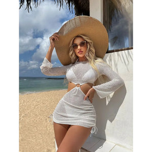 2024Summer Mesh Hollow Drawstring Strap Swimsuit Women Sun Protection Long Sleeved Swimsuit Bikini Three Piece Set