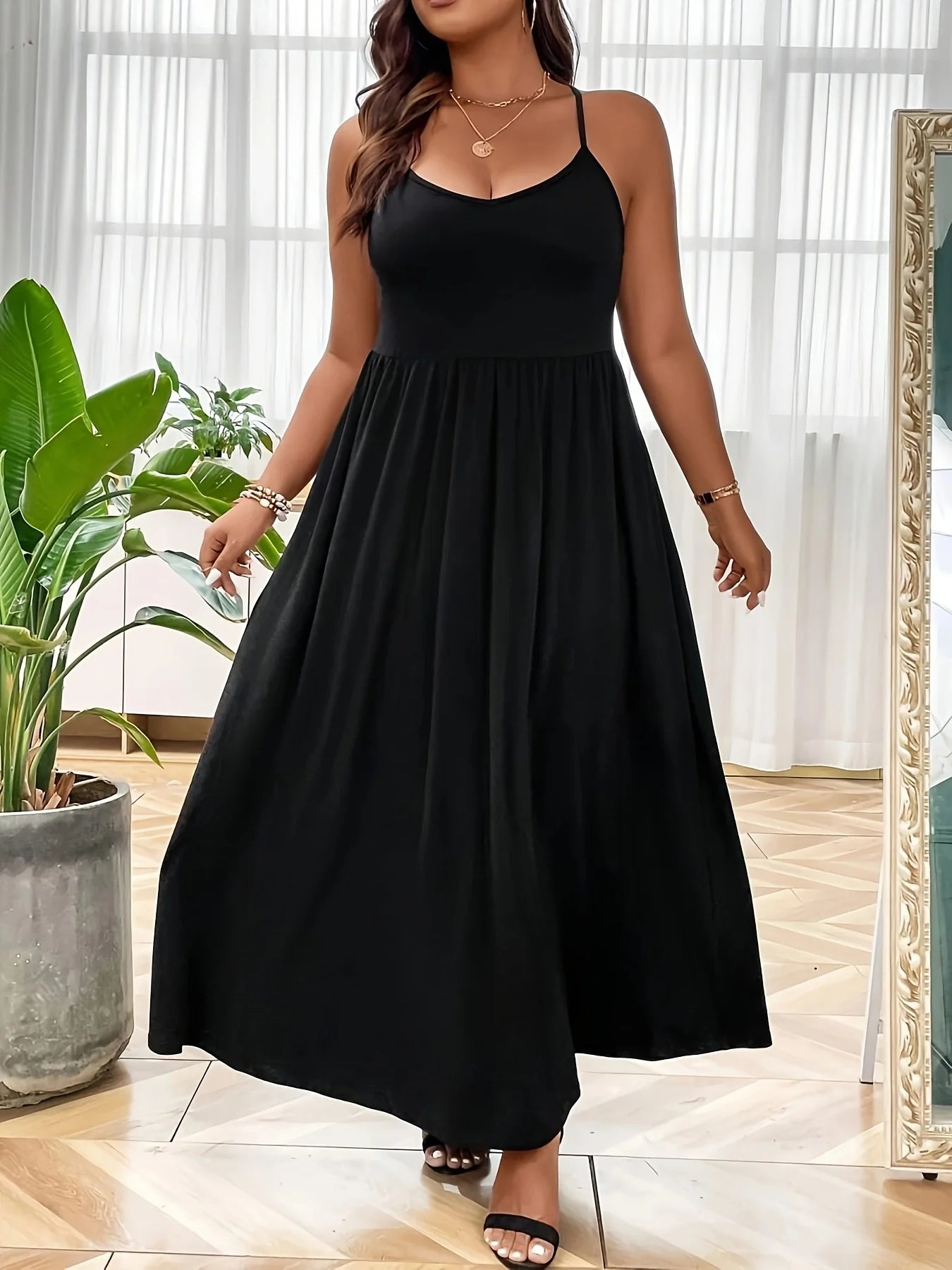 2024 AliExpress Europe and America Plus Size Women's Cross border Summer New Product V-neck Sling Solid Color Dress