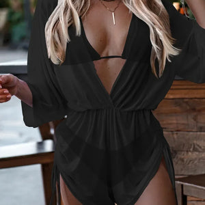 Sexy Long Sleeves Cover Up Bikini Set Women White Black Push Up Mesh Dress 3 Piece Swimsuit Bathing Suit Thong Swimwear 2024