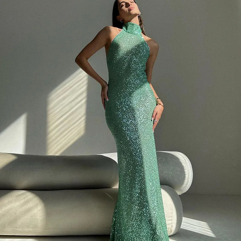 Green Sexy Luxury Shiny Sequins Lace Slip Long Dress Women Fashion High Split Backless Evening Robes Ladies Midnight Y2k Dress