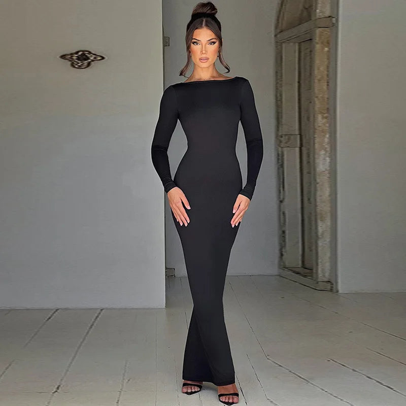 Autumn Winter Sexy Backless Bodycon Ruched Evening Party Maxi Long Dress Outfit for Women Long Sleeve Black Club Dresses Vestido