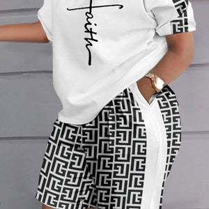 Plus Size Faith Geometric Print Casual Top & Shorts Set