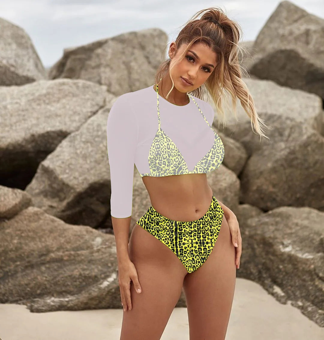 Sexy Neon orange Bikini 2023 Women Long Sleeve Mesh Cover Up 3 Piece Swimsuit High Cut Push Up Bathing Suit high waist Swimwear